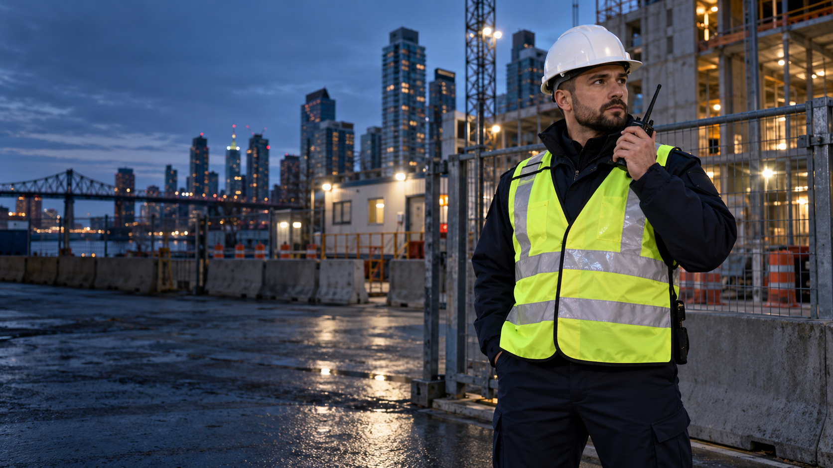 Agent de sécurité en casque et gilet haute visibilité, avec une radio, à l’entrée d’un chantier