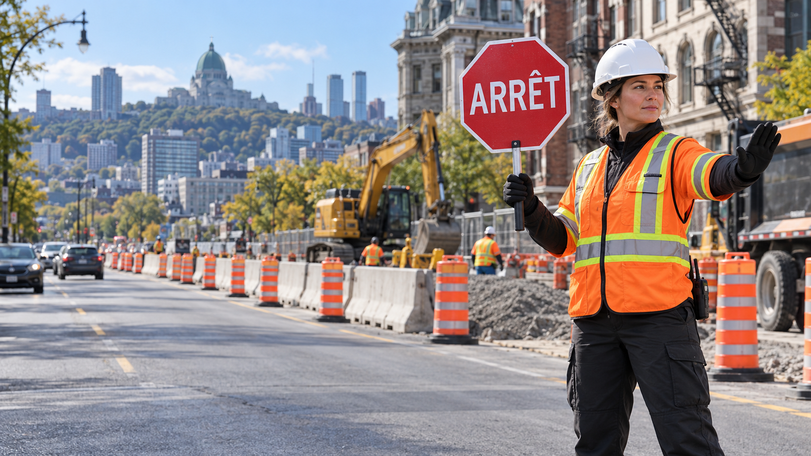 Signaleuse en casque et gilet orange tenant un panneau ARRÊT à proximité de travaux routiers
